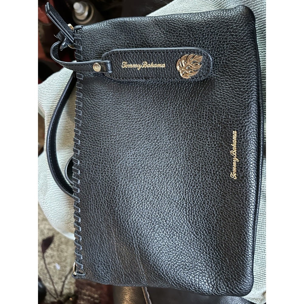 Vintage Tommy Bahama Crossbody Black Leather Bag Woven Pocket Gold Charm